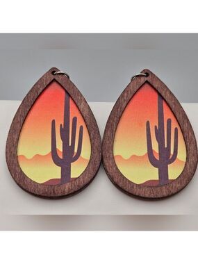 ✨2/$10✨ Handmade Western Wooden Teardrop Cactus Sunset Dangle Earrings